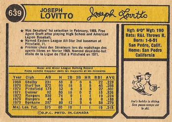 1974 O-Pee-Chee #639 Joe Lovitto Back