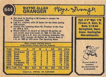 1974 O-Pee-Chee #644 Wayne Granger Back