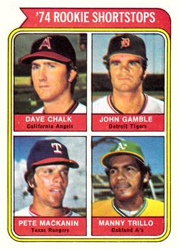1974 O-Pee-Chee #597 1974 Rookie Shortstops (Dave Chalk / John Gamble / Pete Mackanin / Manny Trillo) Front