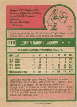 1975 O-Pee-Chee #116 Lerrin LaGrow Back
