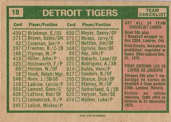 1975 O-Pee-Chee #18 Detroit Tigers / Ralph Houk Back