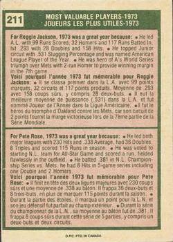 1975 O-Pee-Chee #211 1973 MVPs (Reggie Jackson / Pete Rose) Back
