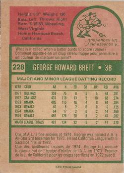 1975 O-Pee-Chee #228 George Brett Back