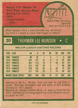 1975 O-Pee-Chee #20 Thurman Munson Back