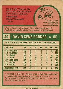 1975 O-Pee-Chee #29 Dave Parker Back