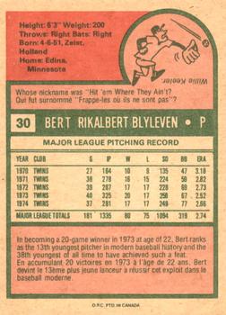 1975 O-Pee-Chee #30 Bert Blyleven Back