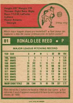 1975 O-Pee-Chee #81 Ron Reed Back