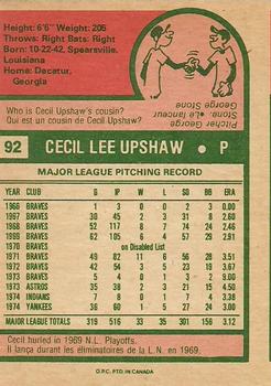 1975 O-Pee-Chee #92 Cecil Upshaw Back