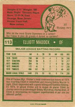 1975 O-Pee-Chee #113 Elliott Maddox Back