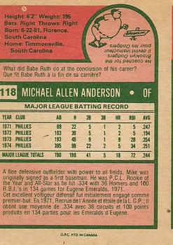 1975 O-Pee-Chee #118 Mike Anderson Back