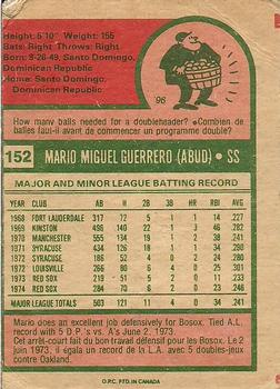 1975 O-Pee-Chee #152 Mario Guerrero Back