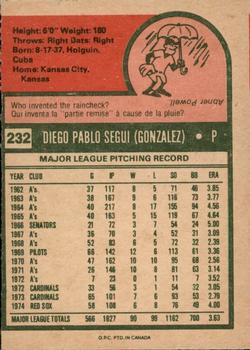 1975 O-Pee-Chee #232 Diego Segui Back