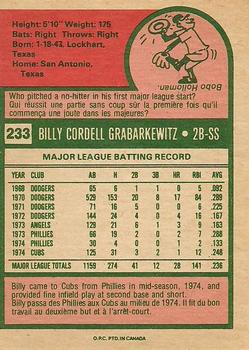 1975 O-Pee-Chee #233 Billy Grabarkewitz Back