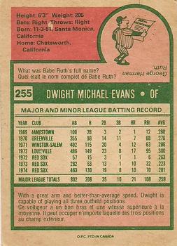 1975 O-Pee-Chee #255 Dwight Evans Back