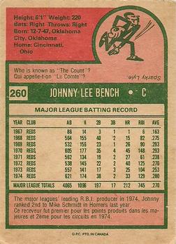 1975 O-Pee-Chee #260 Johnny Bench Back