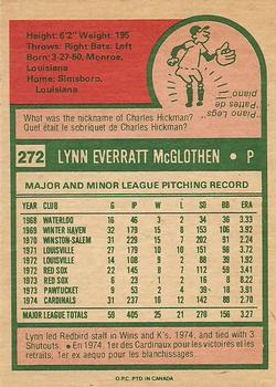 1975 O-Pee-Chee #272 Lynn McGlothen Back