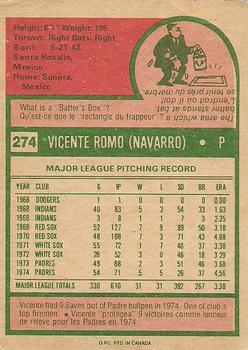 1975 O-Pee-Chee #274 Vicente Romo Back