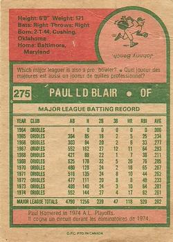 1975 O-Pee-Chee #275 Paul Blair Back