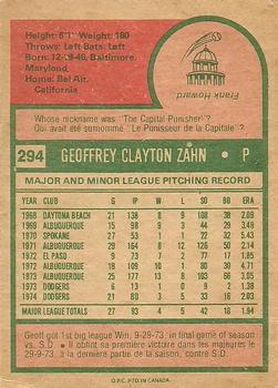 1975 O-Pee-Chee #294 Geoff Zahn Back