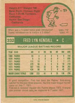 1975 O-Pee-Chee #332 Fred Kendall Back