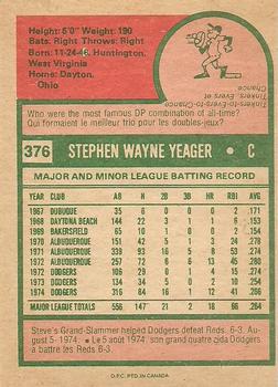 1975 O-Pee-Chee #376 Steve Yeager Back