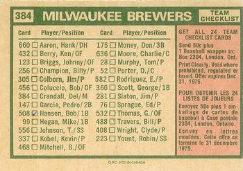 1975 O-Pee-Chee #384 Milwaukee Brewers / Del Crandall Back