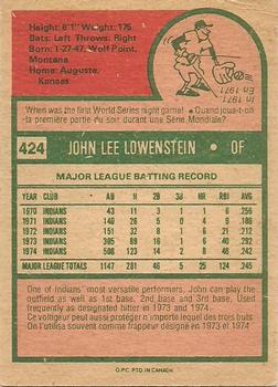 1975 O-Pee-Chee #424 John Lowenstein Back