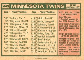 1975 O-Pee-Chee #443 Minnesota Twins / Frank Quilici Back