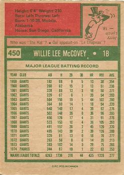 1975 O-Pee-Chee #450 Willie McCovey Back