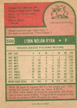 1975 O-Pee-Chee #500 Nolan Ryan Back