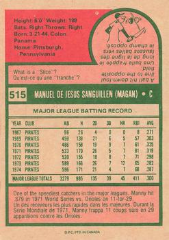1975 O-Pee-Chee #515 Manny Sanguillen Back