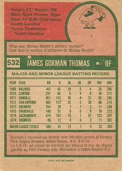 1975 O-Pee-Chee #532 Gorman Thomas Back