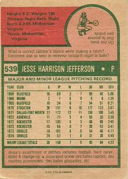 1975 O-Pee-Chee #539 Jesse Jefferson Back