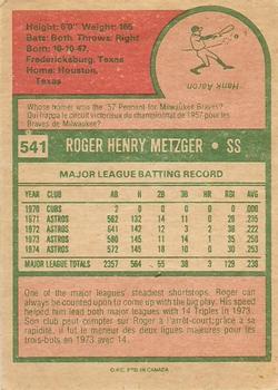 1975 O-Pee-Chee #541 Roger Metzger Back