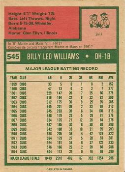 1975 O-Pee-Chee #545 Billy Williams Back