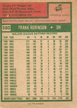 1975 O-Pee-Chee #580 Frank Robinson Back