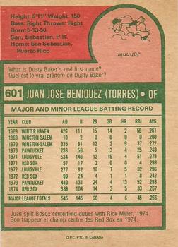 1975 O-Pee-Chee #601 Juan Beniquez Back