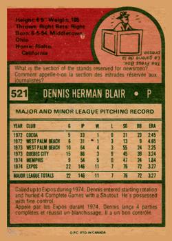 1975 O-Pee-Chee #521 Dennis Blair Back