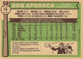 1976 O-Pee-Chee #16 Bob Apodaca Back