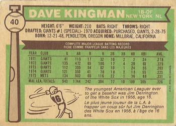 1976 O-Pee-Chee #40 Dave Kingman Back