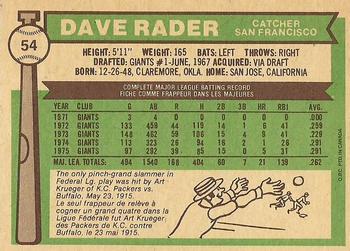 1976 O-Pee-Chee #54 Dave Rader Back