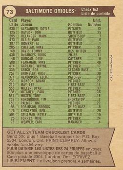 1976 O-Pee-Chee #73 Baltimore Orioles / Earl Weaver Back