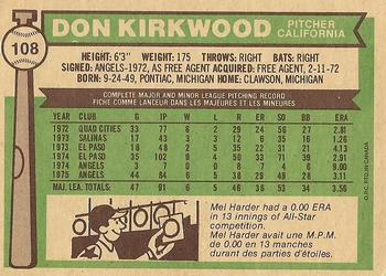 1976 O-Pee-Chee #108 Don Kirkwood Back