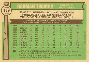 1976 O-Pee-Chee #139 Gorman Thomas Back