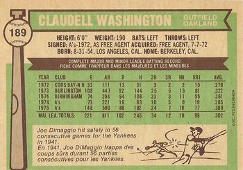 1976 O-Pee-Chee #189 Claudell Washington Back