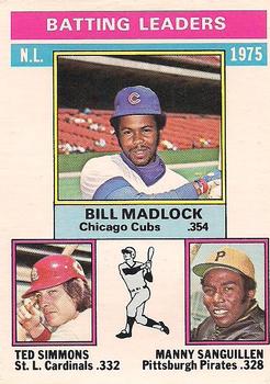 1976 O-Pee-Chee #191 1975 NL Batting Leaders (Bill Madlock / Ted Simmons / Manny Sanguillen) Front