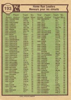 1976 O-Pee-Chee #193 1975 NL Home Run Leaders (Mike Schmidt / Dave Kingman / Greg Luzinski) Back