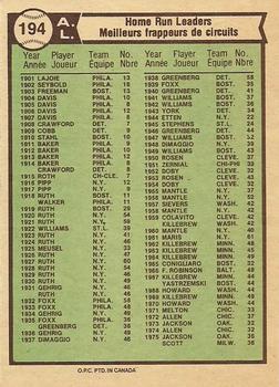 1976 O-Pee-Chee #194 1975 AL Home Run Leaders (Reggie Jackson / George Scott / John Mayberry) Back