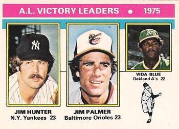 1976 O-Pee-Chee #200 1975 AL Victory Leaders (Jim Hunter / Jim Palmer / Vida Blue) Front