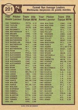 1976 O-Pee-Chee #201 1975 NL ERA Leaders (Randy Jones / Andy Messersmith / Tom Seaver) Back
